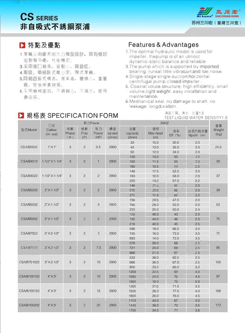 非自吸式不锈钢泵-CS系列